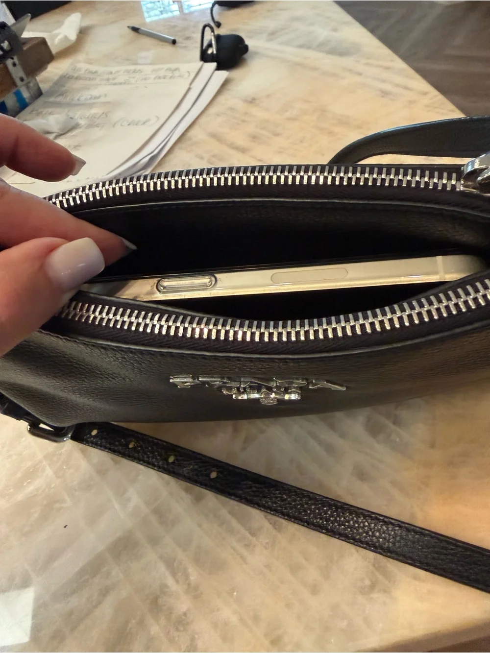 Prada Black Pebbled Leather DOUBLE ZIP GUSSET CROSSBODY BAG with Silver Logo